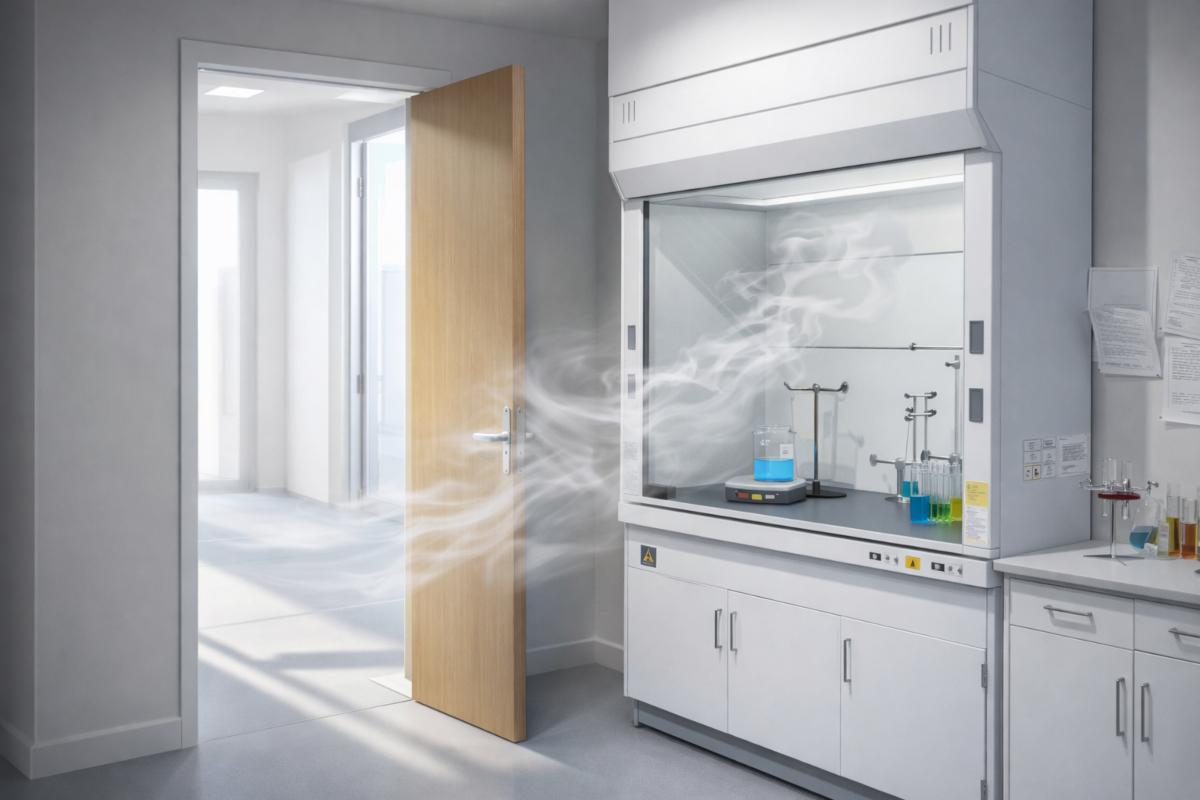 Illustration of airflow disturbance affecting fume cupboard performance due to open door in laboratory