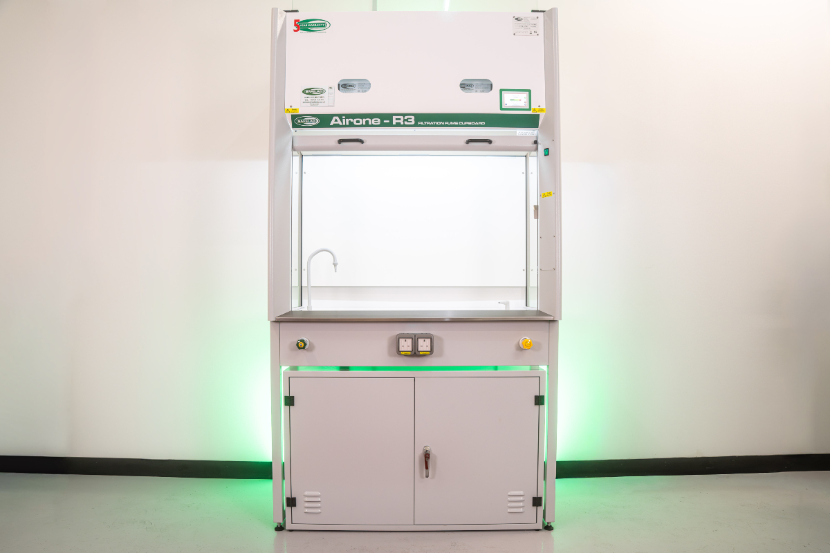 Ductless fume cupboard Airone R3 system showing filtration and energy-efficient laboratory solution