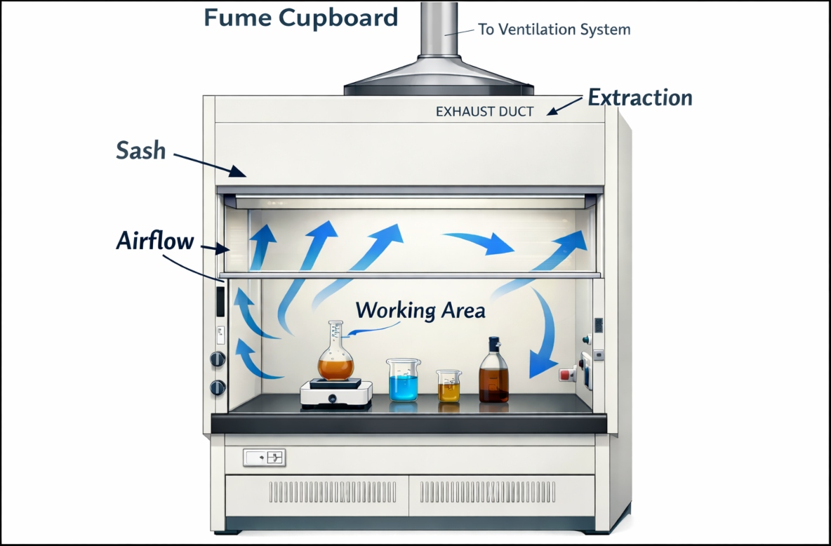 Diagram of fume cupboard with labels