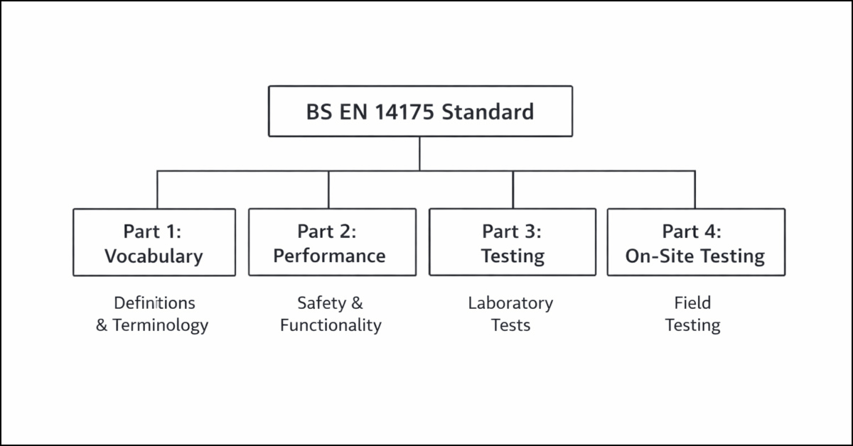 Minimal technical diagram of BS EN 14175 showing four parts: Part 1 Vocabulary, Part 2 Performance, Part 3 Testing, and Part 4 On-site Testing