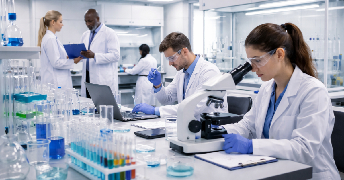 Four lab technicians working in busy laboratory