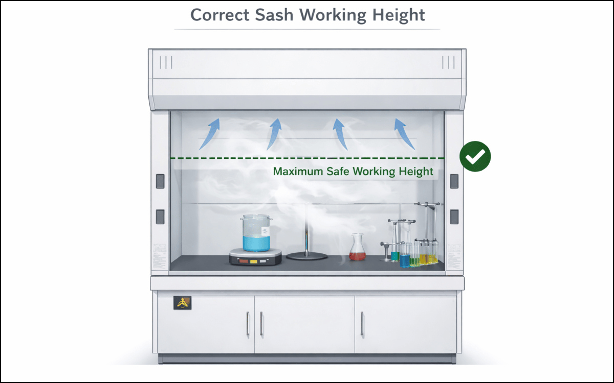 Technical illustration of fume cupboard with correct sash working height, airflow direction, and safety marking line