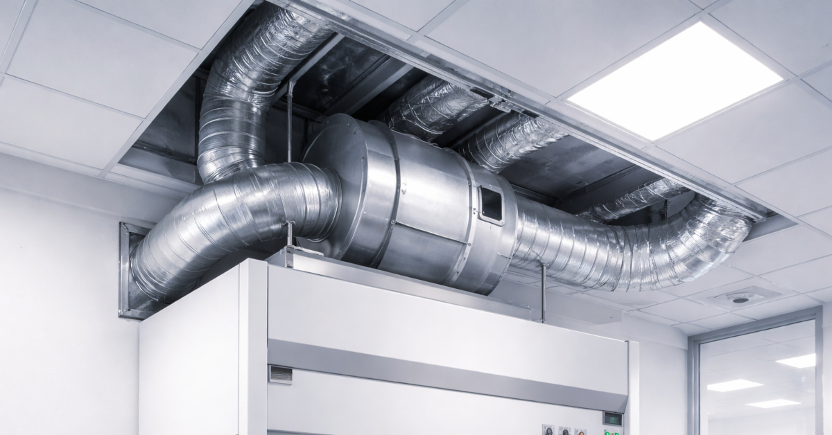 Ducted ventilation system above fume cupboard