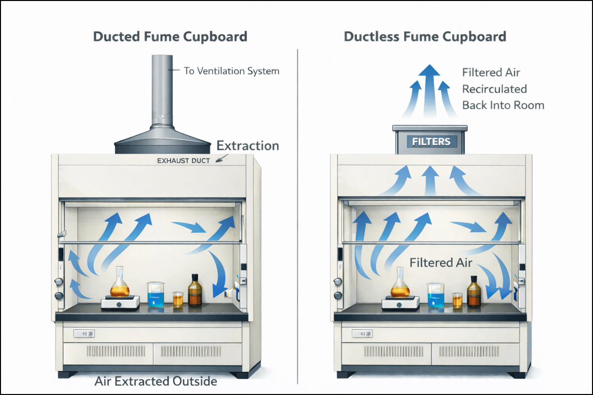 Ducted vs ductless fume cupboard diagram
