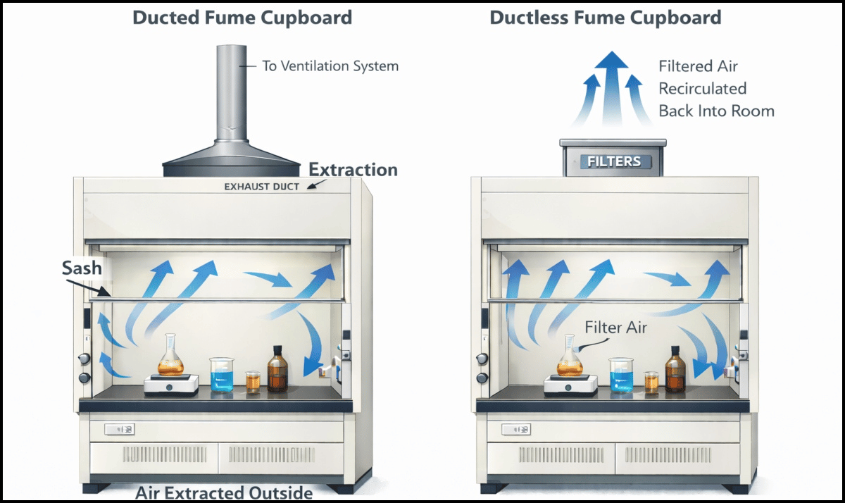 Ducted vs ductless fume cupboards diagram