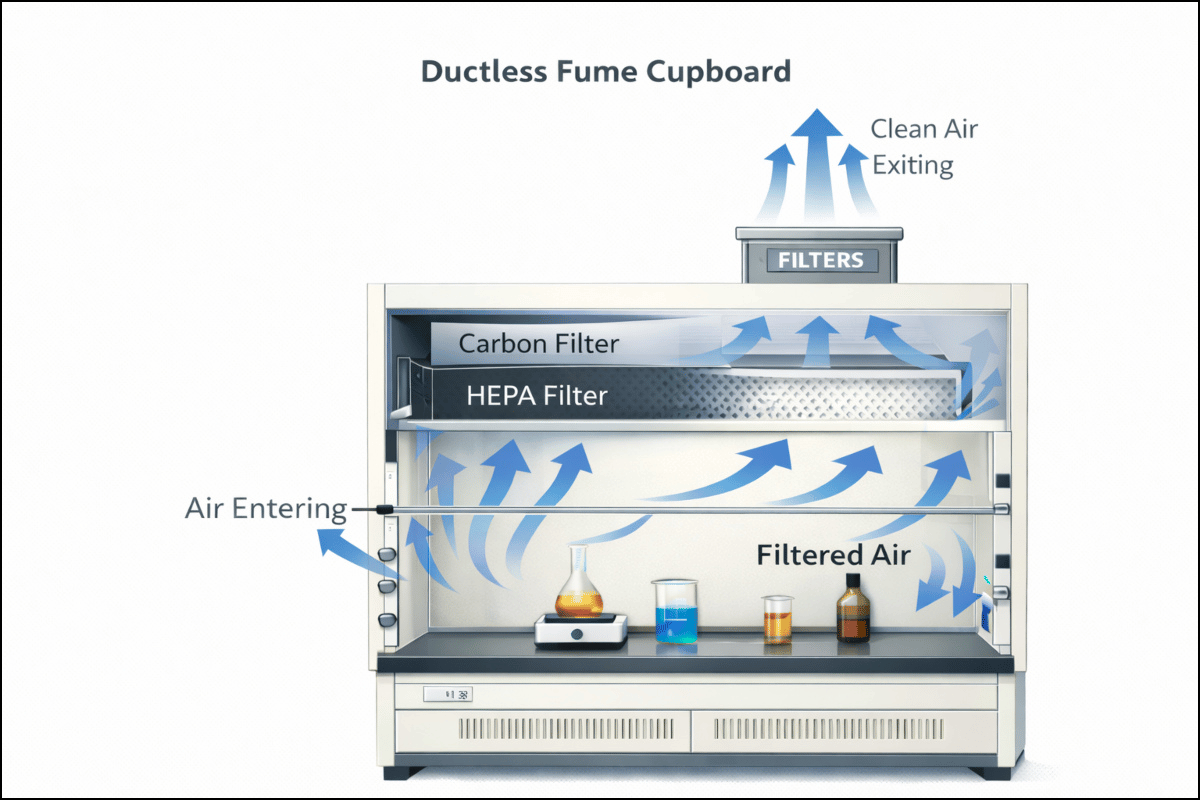 Ductless fume cupboard showing air entering, passing through carbon and HEPA filters, and exiting clean diagram