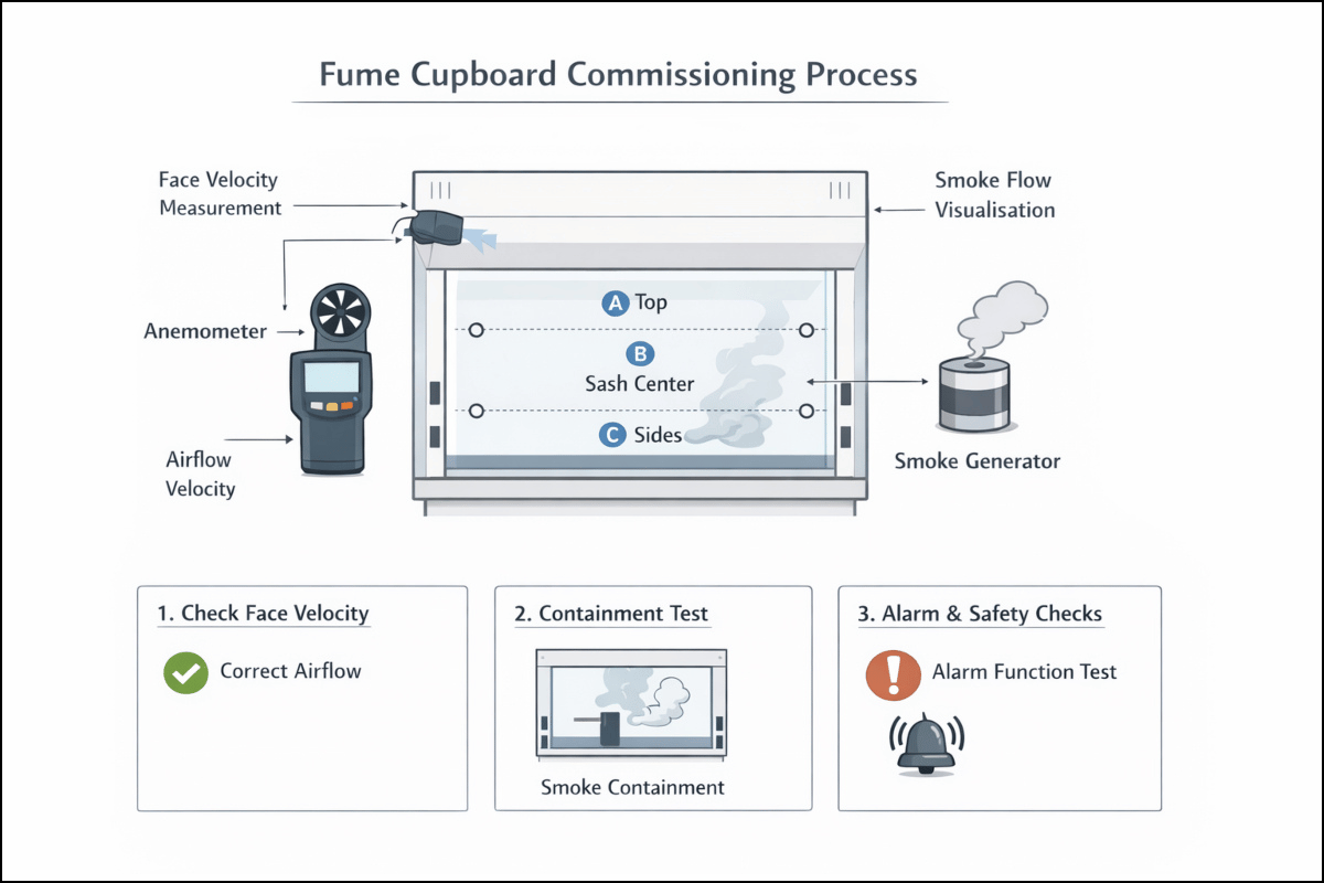 Fume cupboard commissioning process diagram showing airflow testing, measurement points, smoke visualisation, and safety verification steps