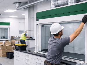 Laboratory under construction with fume cupboard being installed by engineer