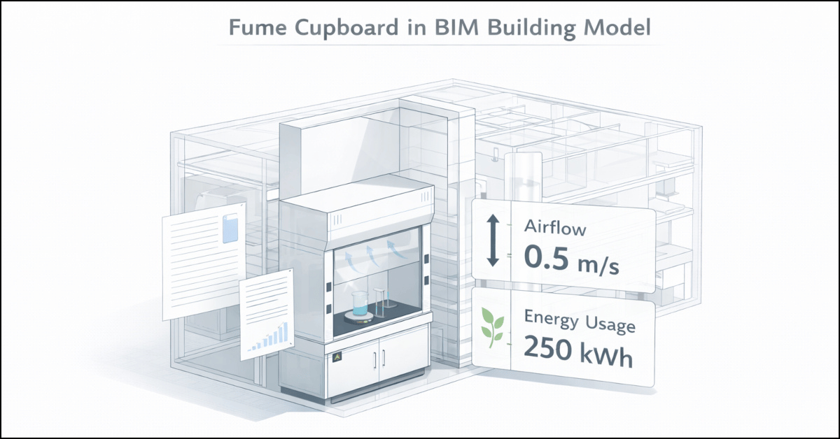 Fume cupboard in BIM building model with airflow data and technical specification overlays