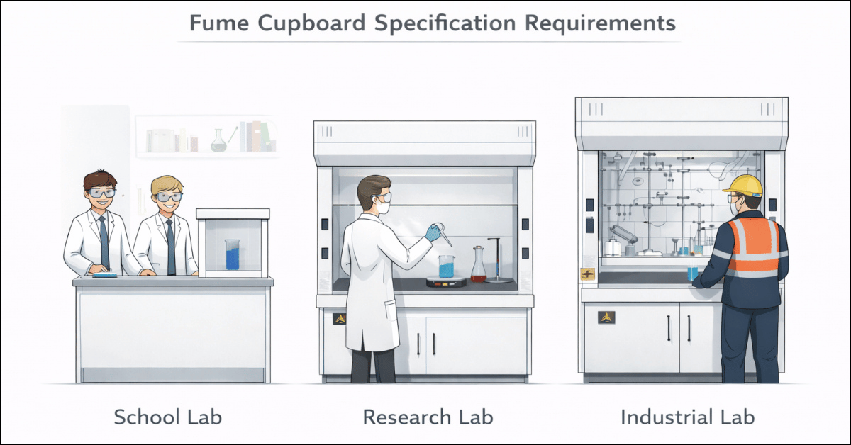Comparison of fume cupboard requirements in school, research, and industrial laboratory environments