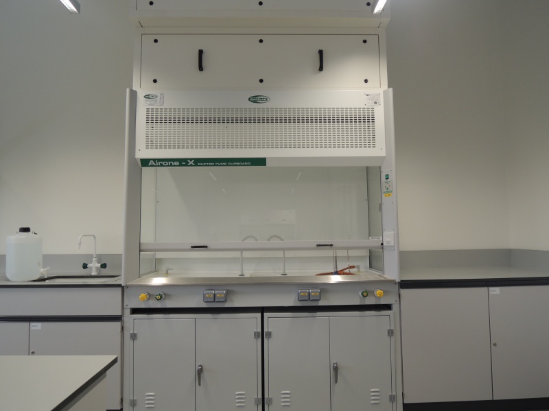 Ducted fume cupboard in UK laboratory showing airflow system and energy-related ventilation setup