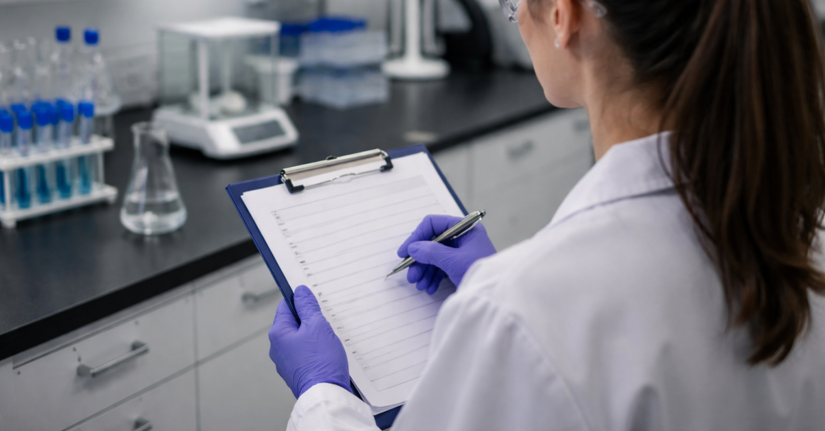 Female lab tachnician holding clipboard