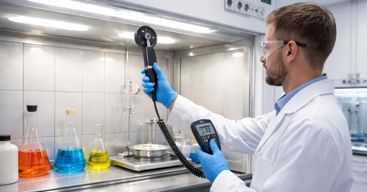 Male lab technician measuring airflow in laboratory