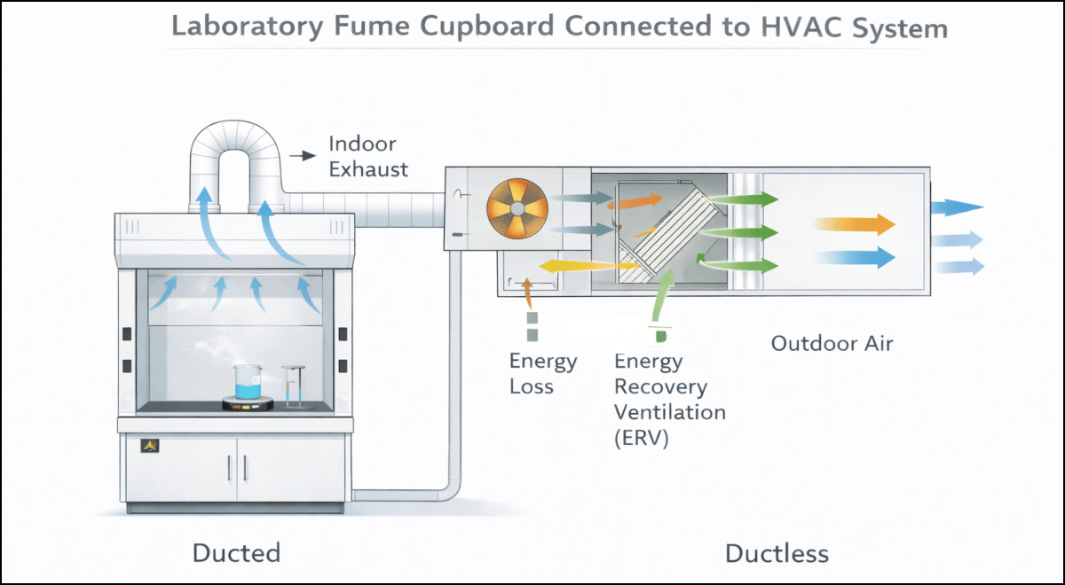 Laboratory fume cupboard connected to HVAC ventilation system showing airflow paths and energy impact
