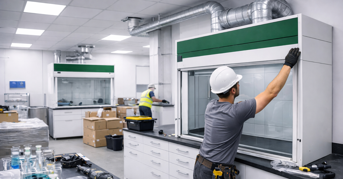Laboratory under construction with fume cupboard installation taking place