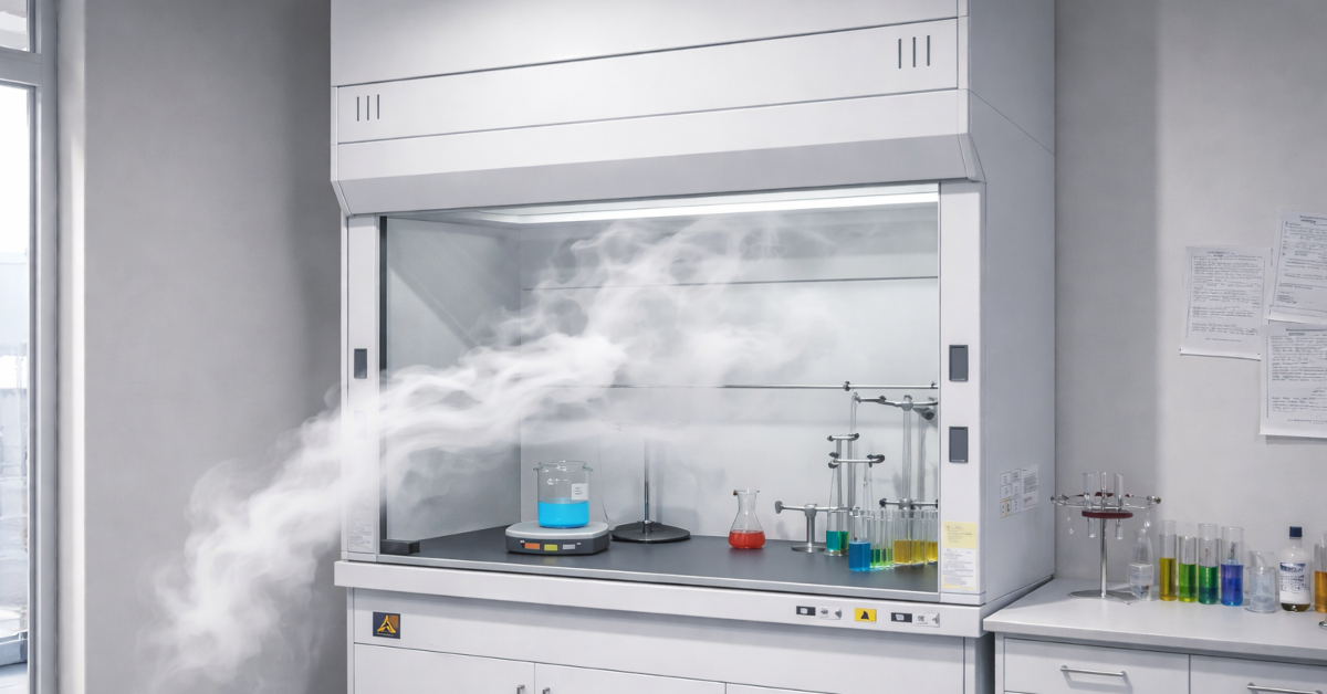 Fume cupboard with visible smoke escaping from the front opening illustrating containment failure in a laboratory