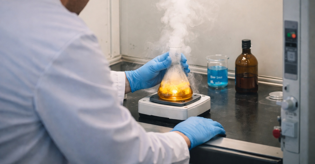 Teacher conducting experiment inside fume cupboard