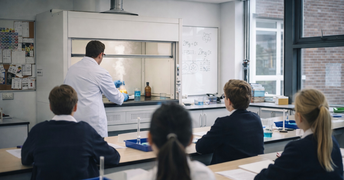 School teacher conducting science experiment at the front of the classroom