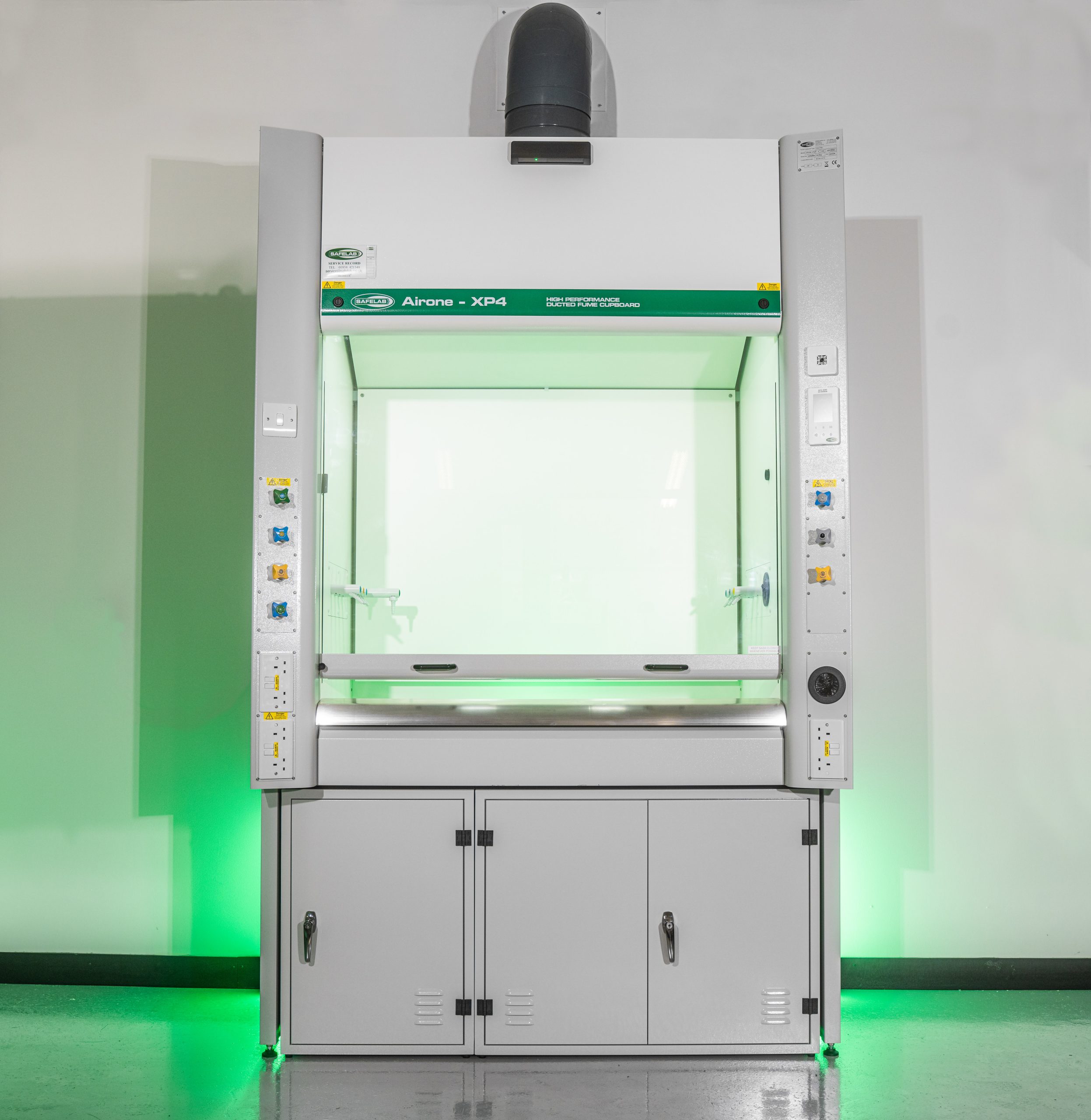 Airone XP4 ducted fume cupboard with green lighting behind it