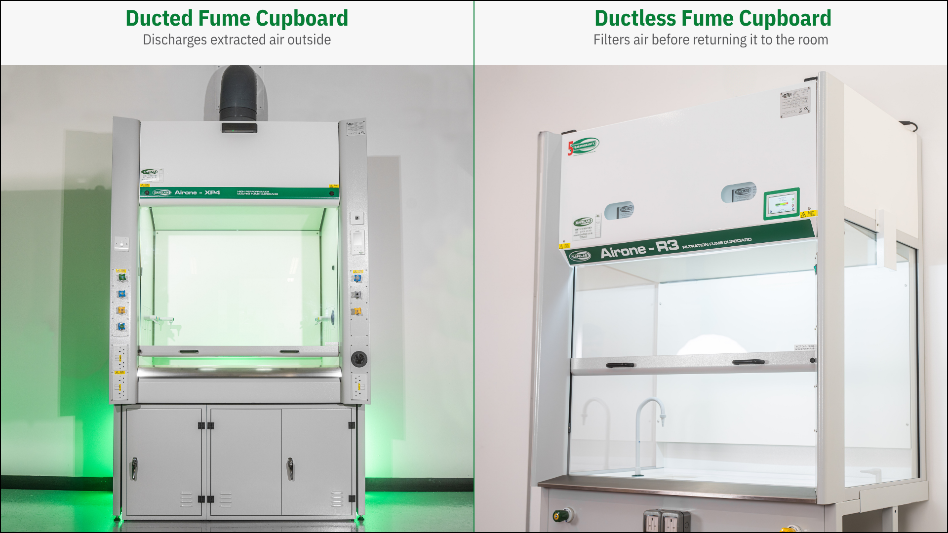 Ducted and ductless Safelab fume cupboards compared